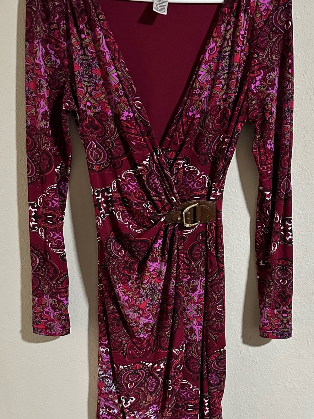 Cache Burgundy and Pink Paisley Faux-Wrap Dress